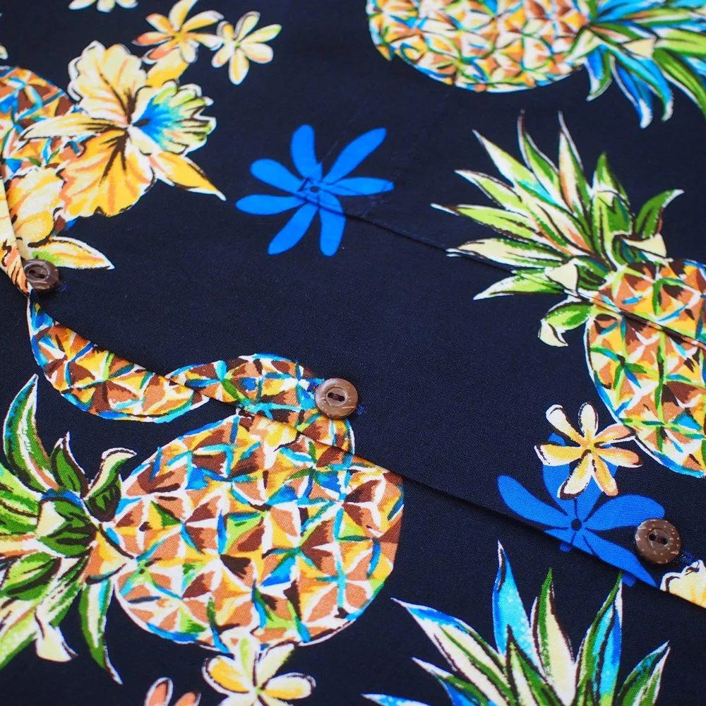 Pineapple Blue Hawaiian Rayon Shirt - Made in Hawaii