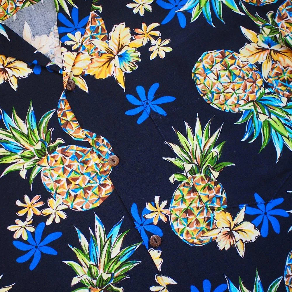 Pineapple Blue Hawaiian Rayon Shirt - Made in Hawaii