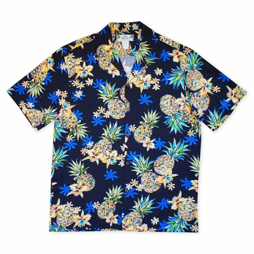 Pineapple Blue Hawaiian Rayon Shirt - Made in Hawaii