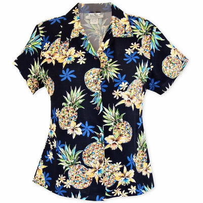 Pineapple Blue Lady’s Hawaiian Rayon Blouse - Made In Hawaii