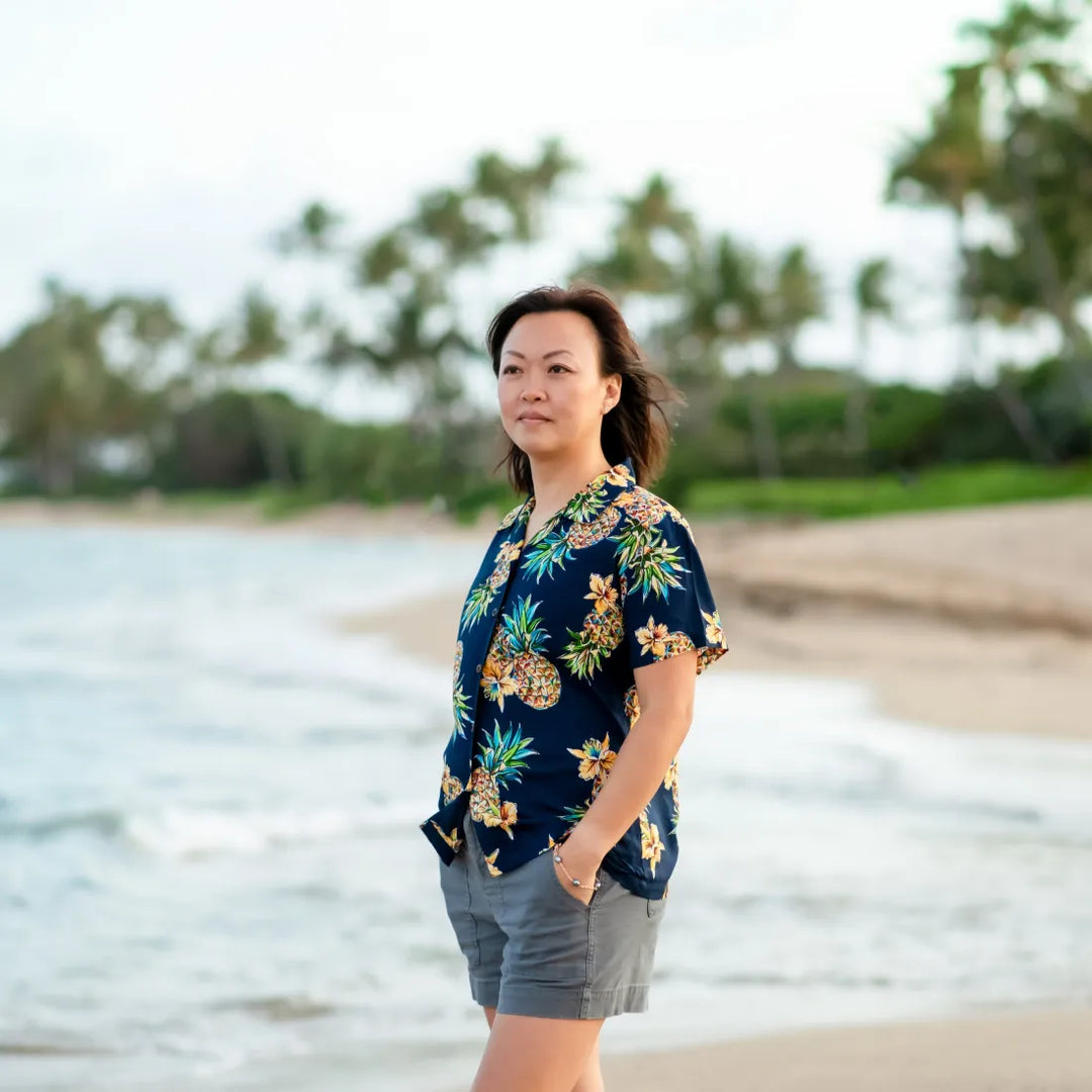 Pineapple Blue Lady’s Hawaiian Rayon Blouse - Made in Hawaii