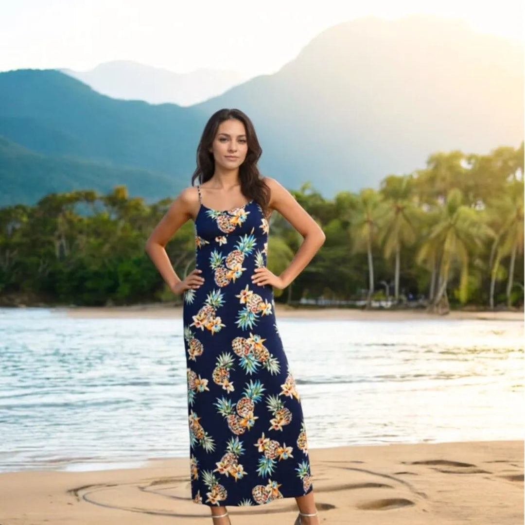 Pineapple Blue Long Hawaiian Dress with Skinny Straps – Authentic Hawaiian Women's Dress by Lavahut