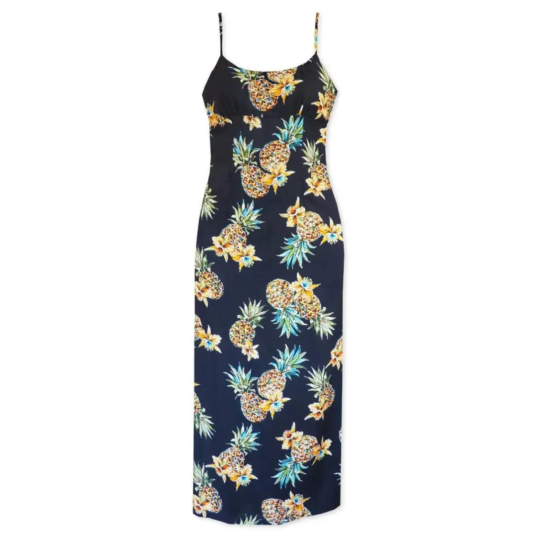 Pineapple Blue Long Hawaiian Dress with Skinny Straps M / Blue Pineapple Blue Long Hawaiian Dress with Skinny Straps M / Blue