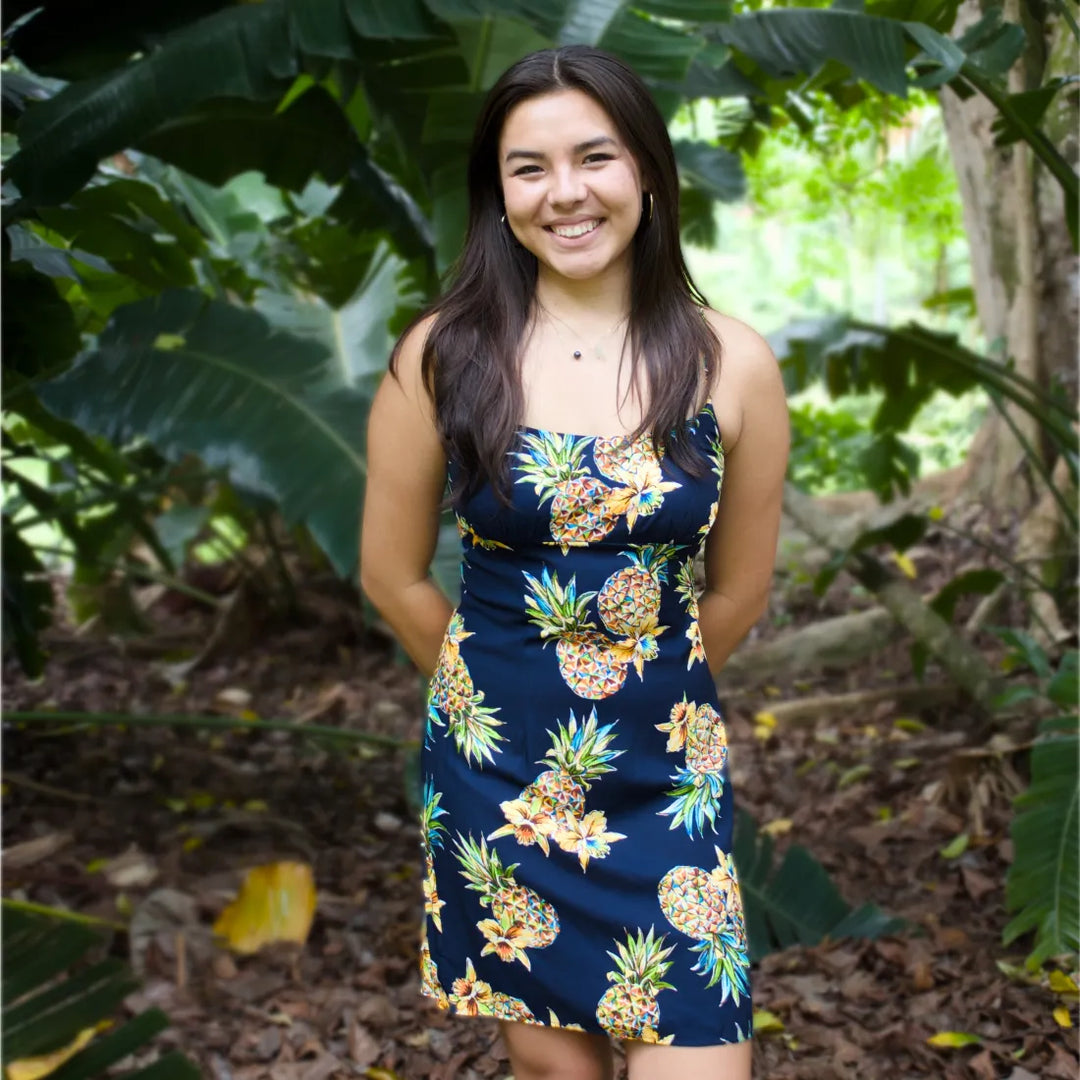 Pineapple Blue Skinny Strap Short Hawaiian Dress - Made in Hawaii