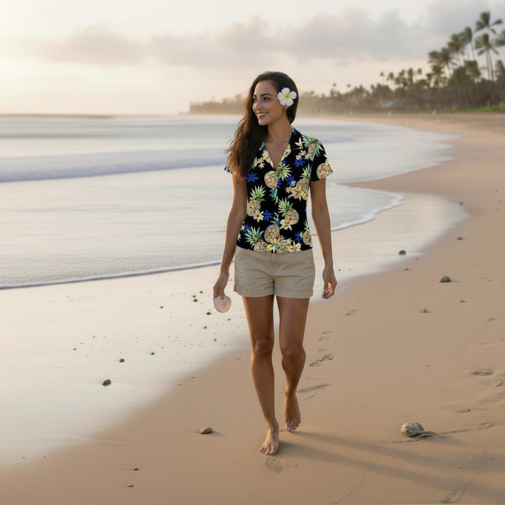 Pineapple Blue Women’s Hawaiian Rayon Shirt Made in Hawaii