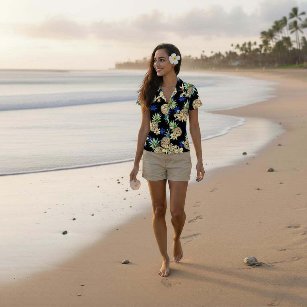 Pineapple Blue Women’s Hawaiian Rayon Shirt Made in Hawaii
