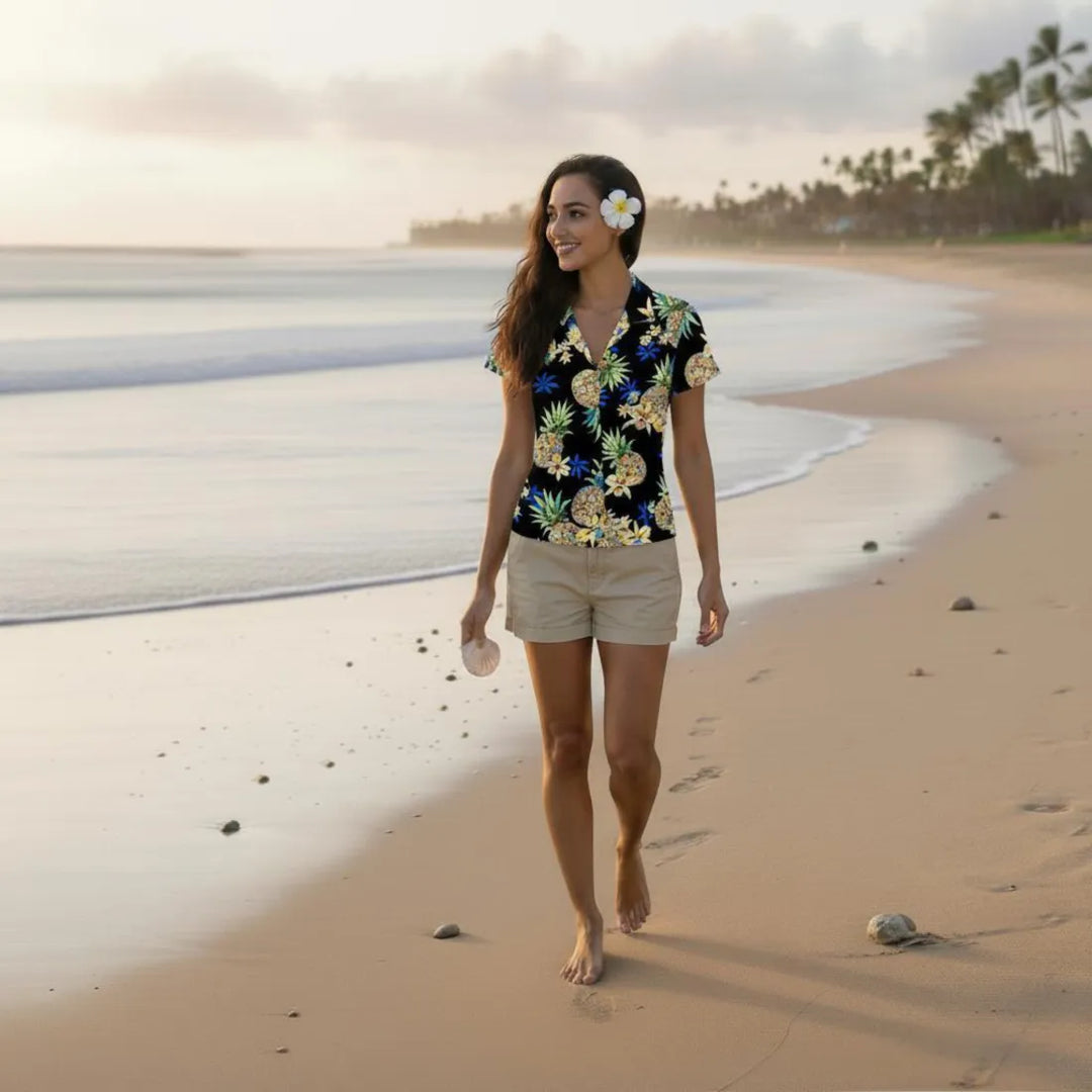 Pineapple Blue Women’s Hawaiian Rayon Shirt - Made in Hawaii