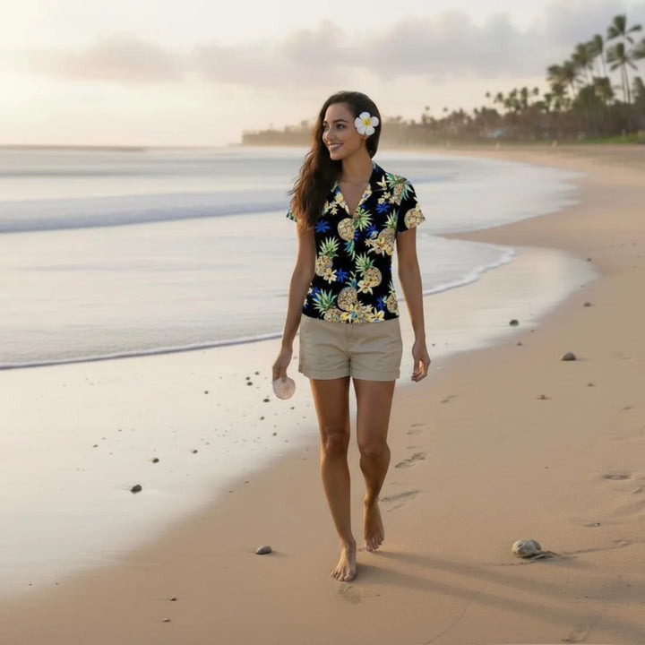 Pineapple Blue Women’s Hawaiian Rayon Shirt - Made in Hawaii