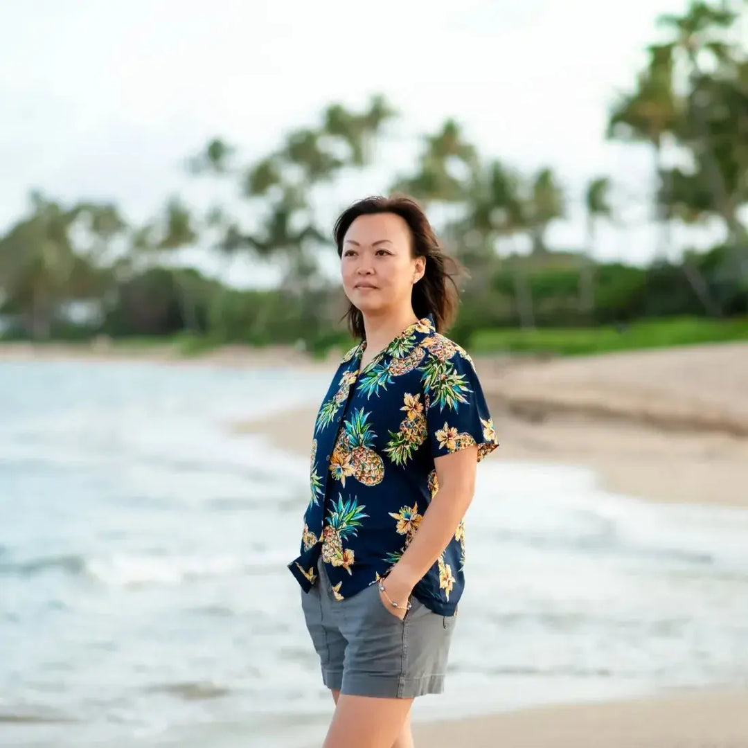 Pineapple Blue Women’s Hawaiian Rayon Shirt - Made in Hawaii
