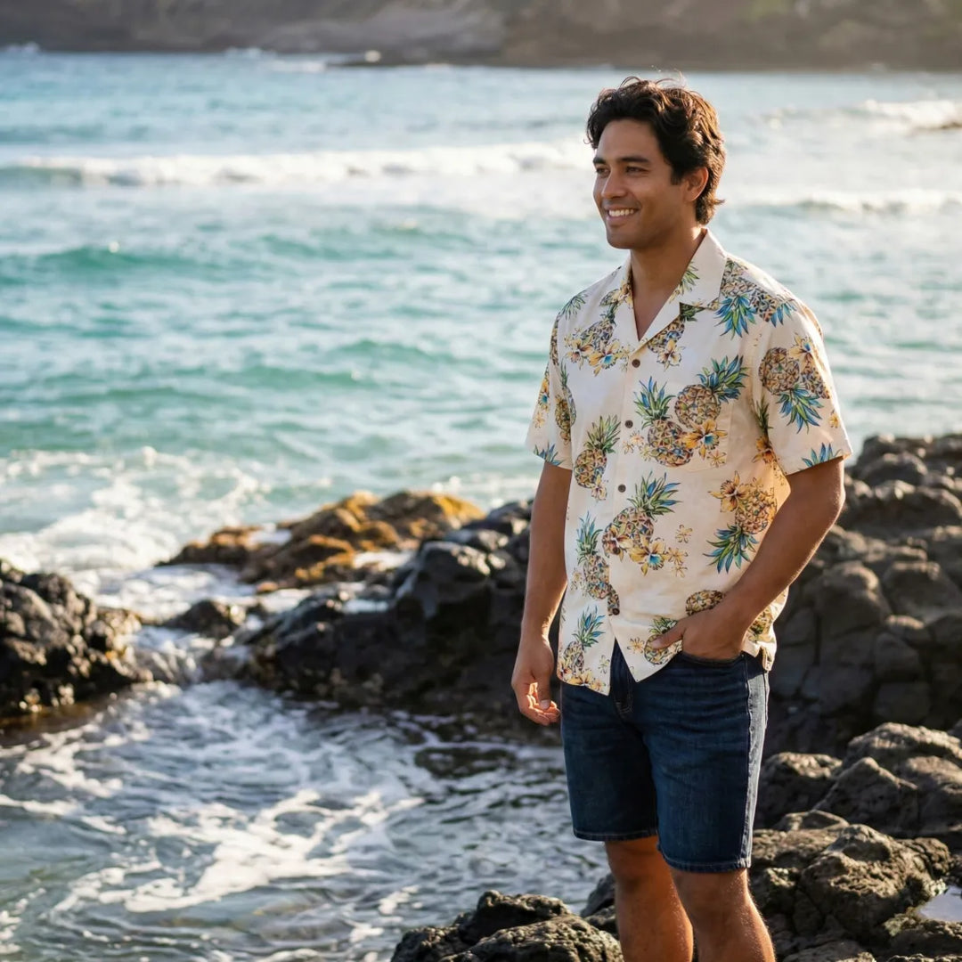 Pineapple Cream Hawaiian Rayon Shirt - Made in Hawaii