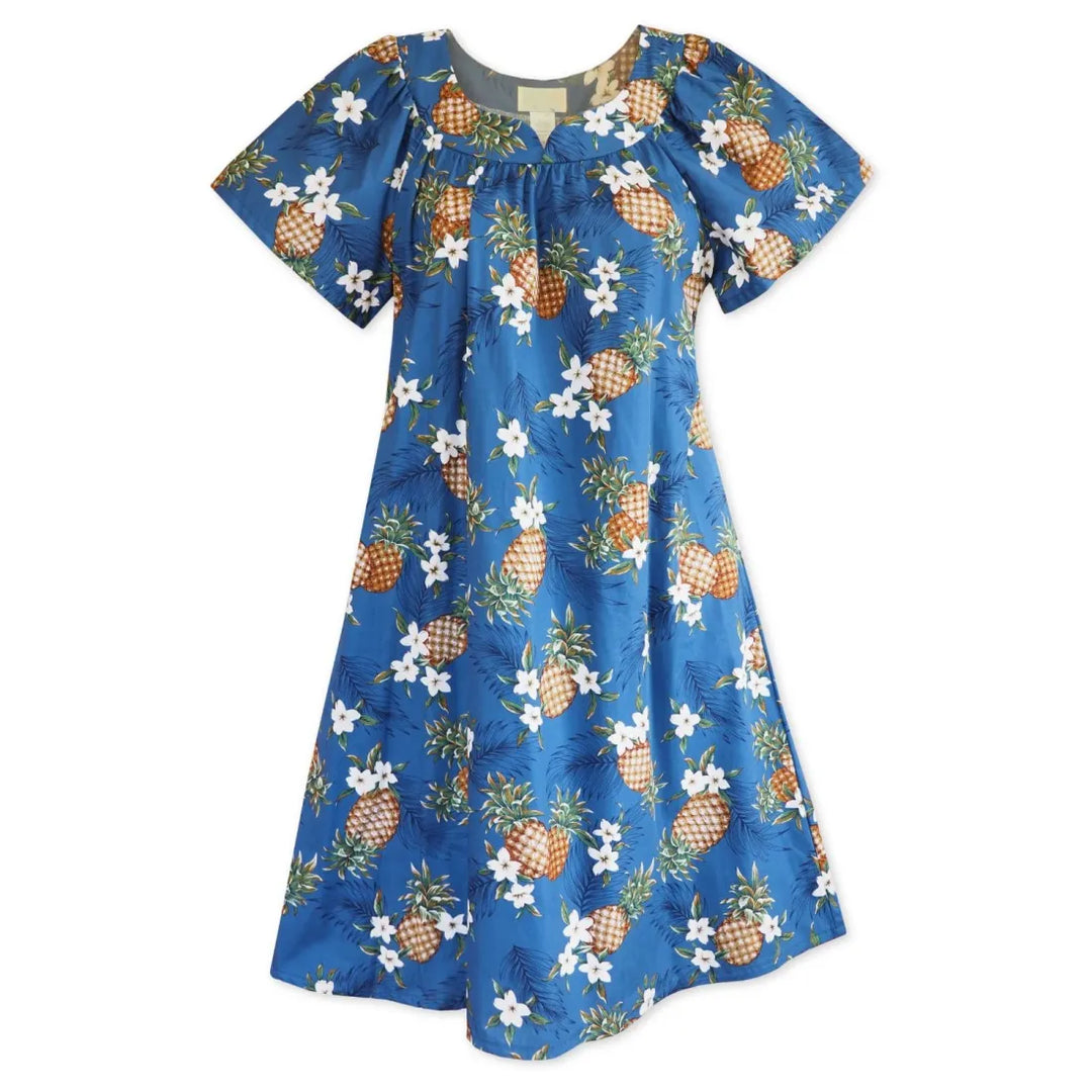 Pineapple Jam Blue Hawaiian Maile Tea Muumuu Dress - Made in Hawaii