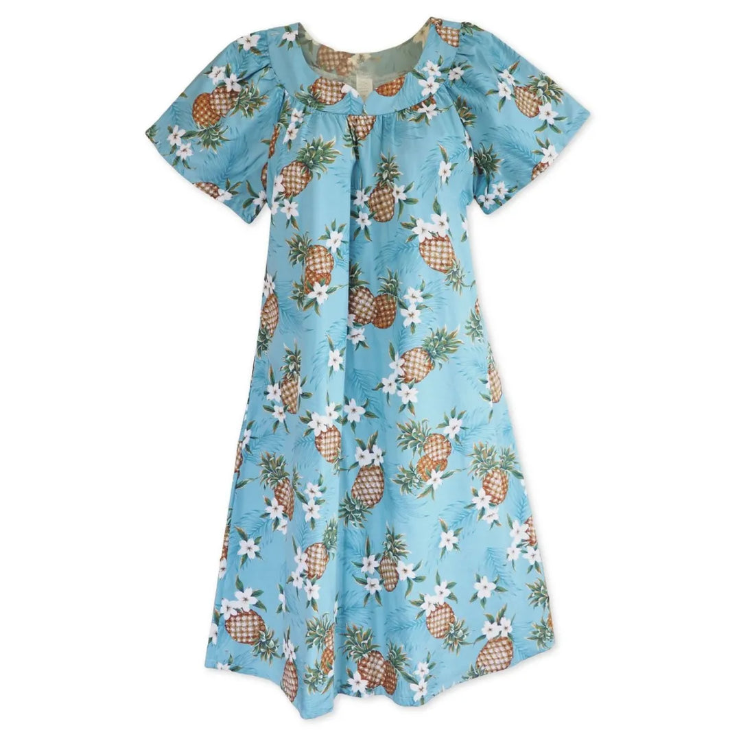 Pineapple Jam Teal Hawaiian Maile Tea Muumuu Dress - Made in Hawaii