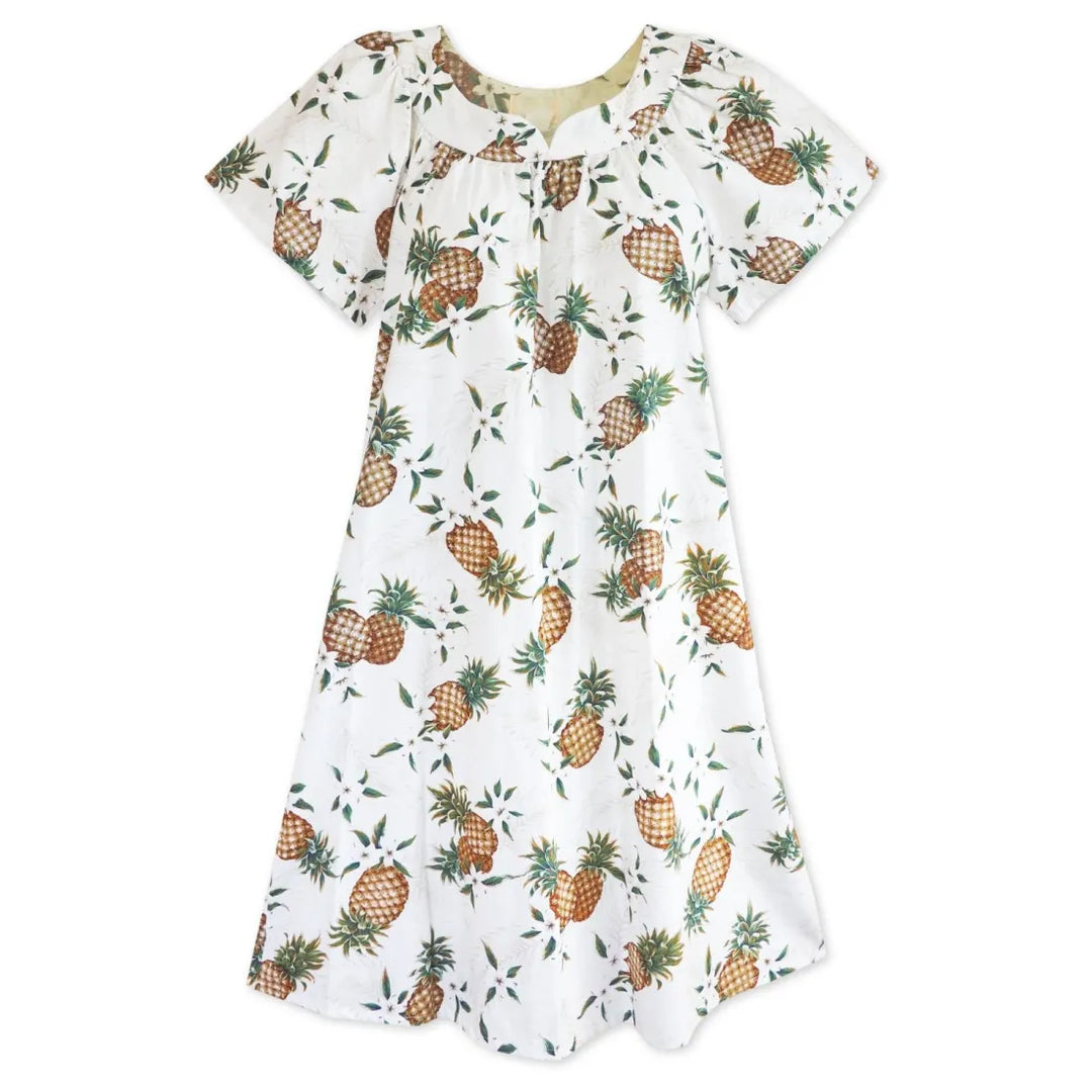 Pineapple Jam White Hawaiian Maile Tea Muumuu Dress - Made in Hawaii