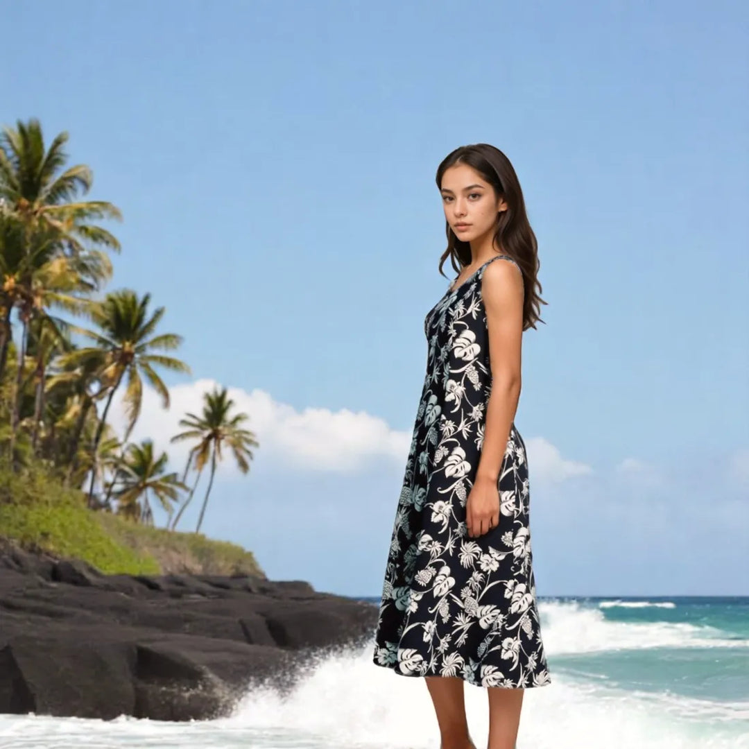 Pineapple Paradise Black Darling Midi Hawaiian Dress - Made in Hawaii