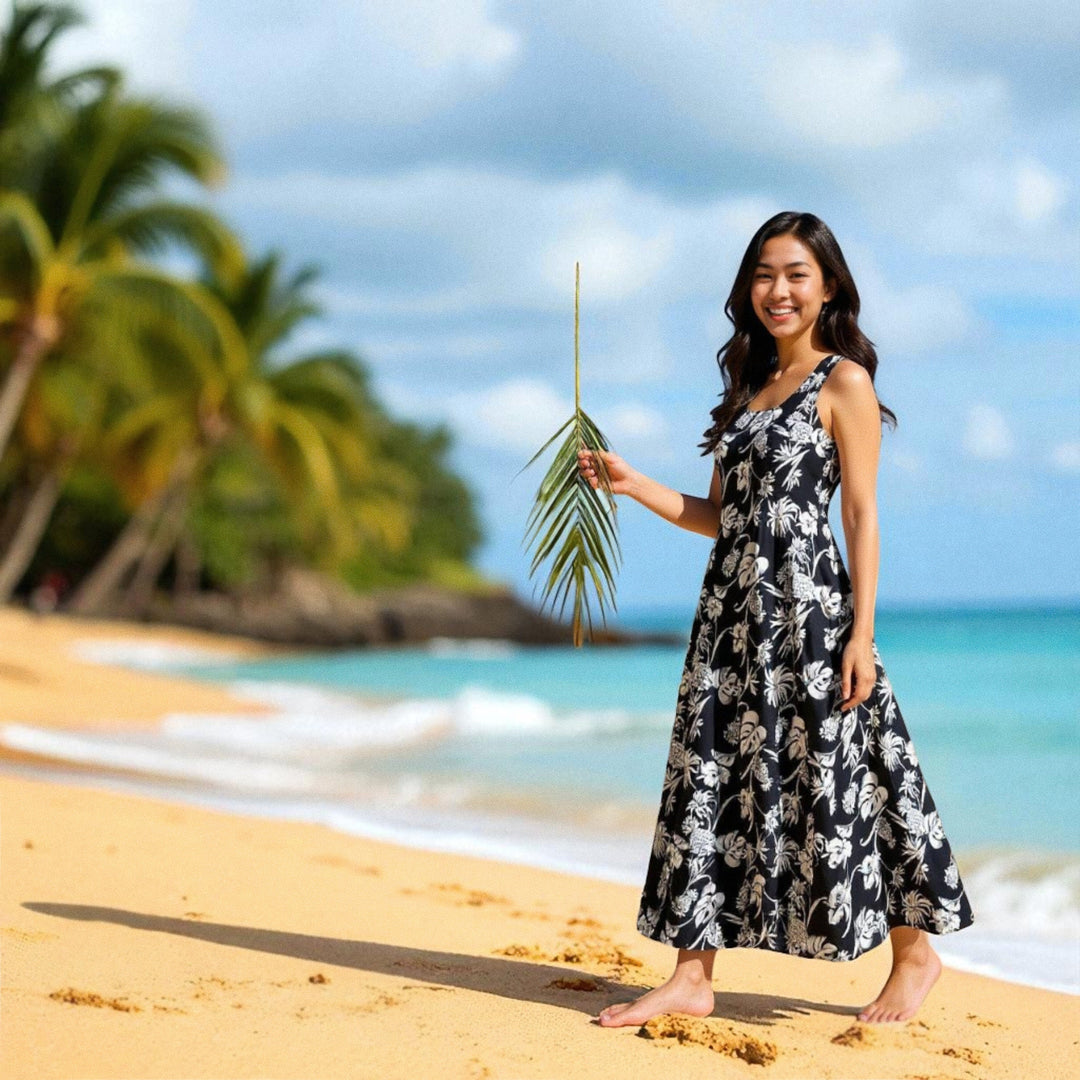 Pineapple Paradise Black Darling Midi Hawaiian Dress - Made in Hawaii