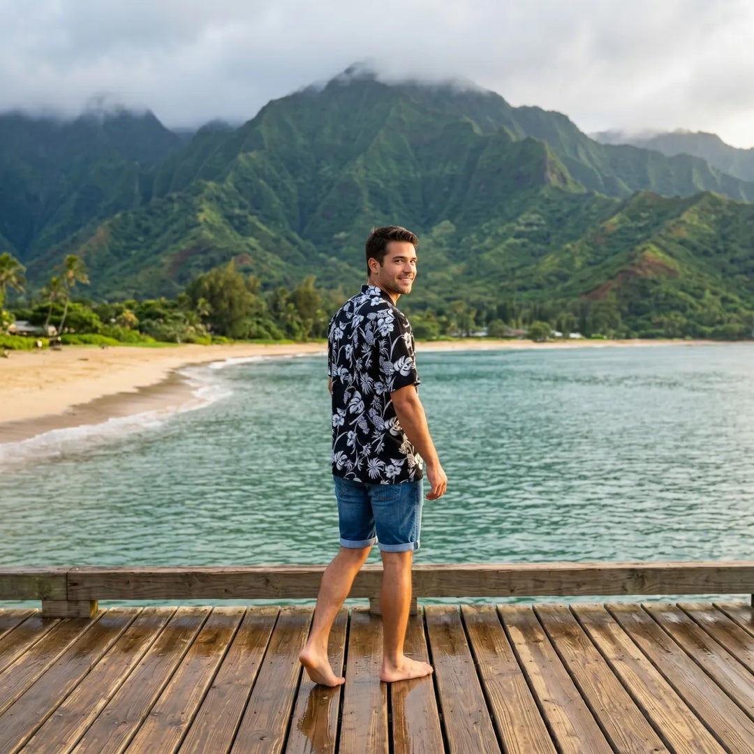 Pineapple Paradise Black Hawaiian Rayon Shirt - Made in Hawaii