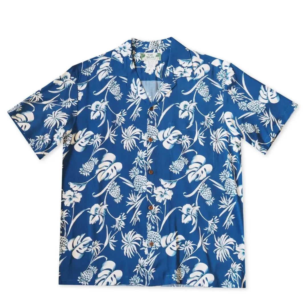 Pineapple Paradise Blue Hawaiian Rayon Shirt - Made in Hawaii