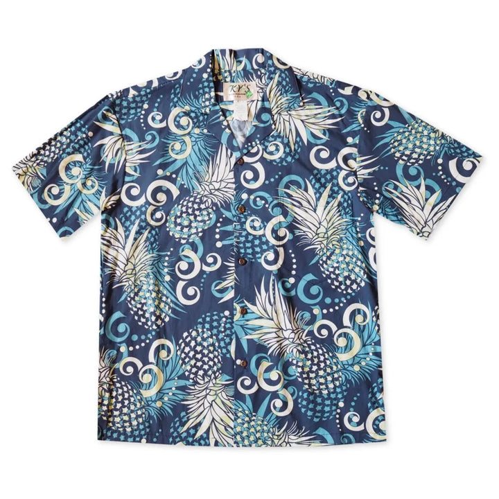 Pineapple Swirl Blue Hawaiian Cotton Shirt - Made in Hawaii