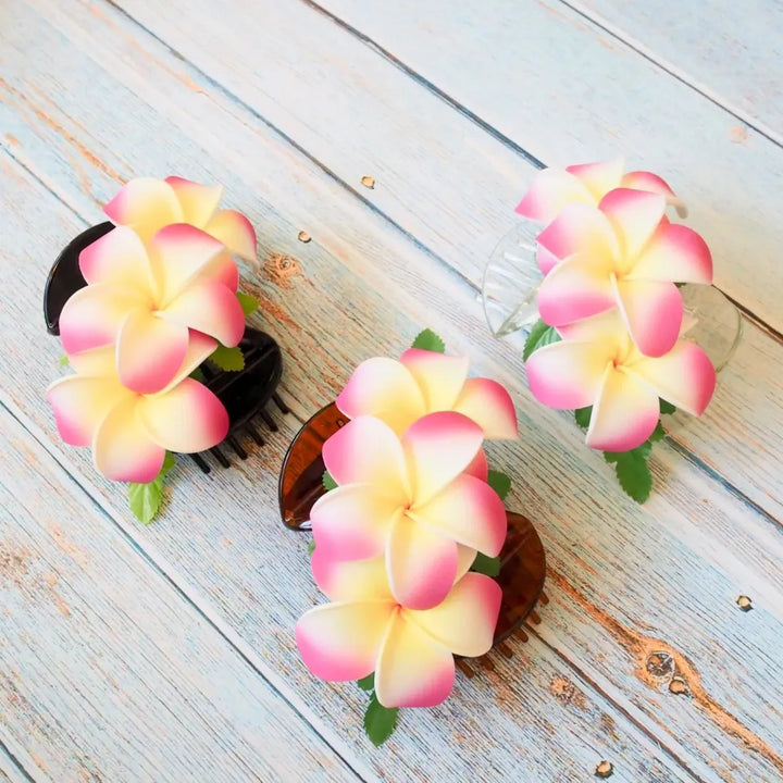 Pink Happy Plumeria Hawaiian Flower Hair Clamp - Made in Hawaii