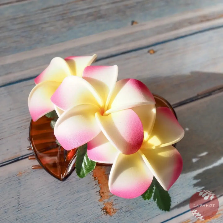 Pink Happy Plumeria Hawaiian Flower Hair Clamp - Made in Hawaii