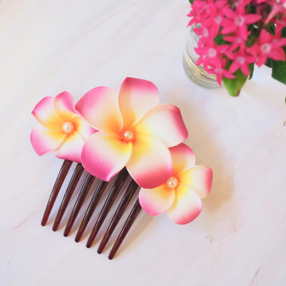 Pink Pearls & Plumeria Hair Comb - Made in Hawaii