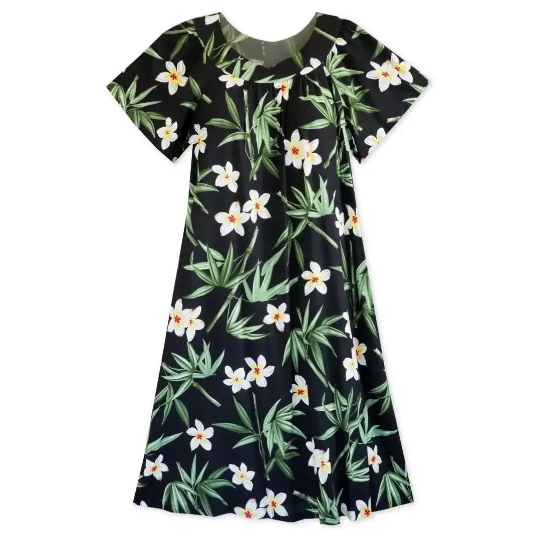 Pipiwai Black Hawaiian Rayon Tea Muumuu Dress Made in Hawaii