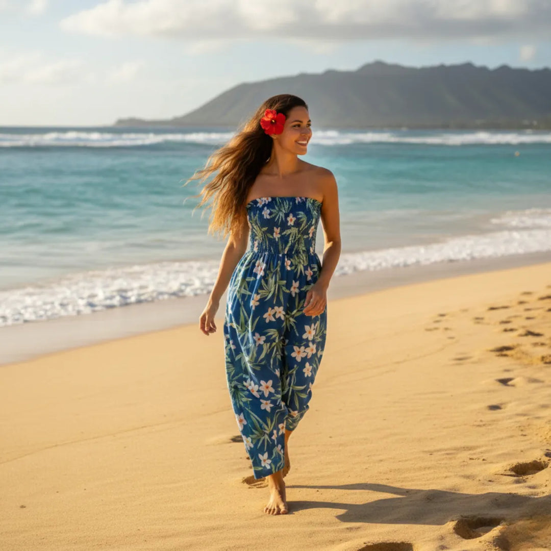 Pipiwai Indigo Maxi Hawaiian Dress - Made in Hawaii