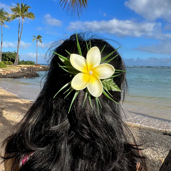 Plumeria Pearl White Hawaiian Flower Hair Clip - Made in Hawaii