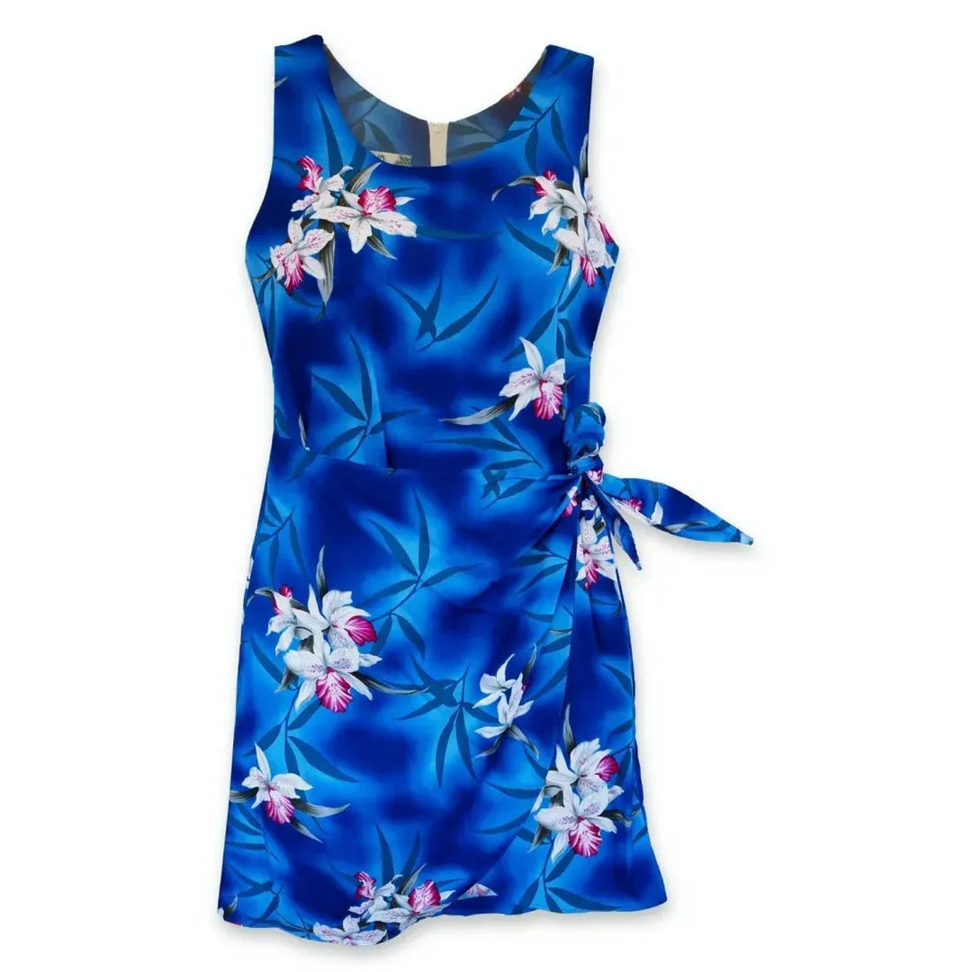 Poipu Blue Honi Hawaiian Dress in Floral Print S / Blue