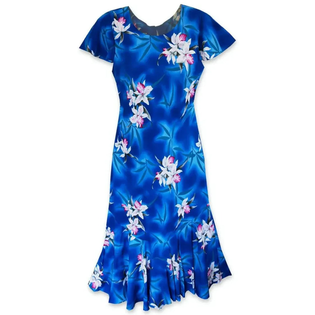 Poipu Blue Malia Hawaiian Dress with Flutter Sleeves L / Blue Poipu Blue Malia Hawaiian Dress with Flutter Sleeves L / Blue