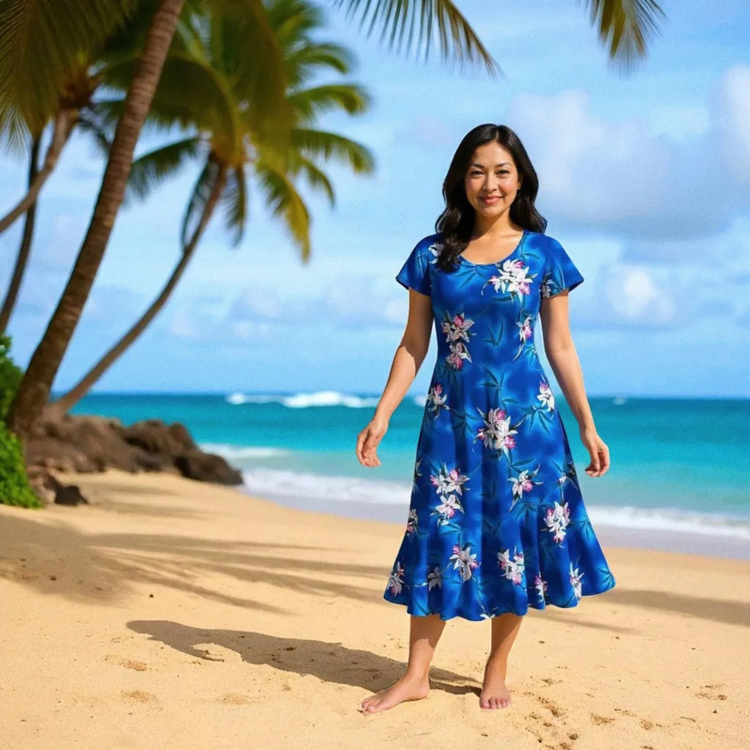 Poipu Blue Malia Hawaiian Dress with Flutter Sleeves S / Blue Poipu Blue Malia Hawaiian Dress with Flutter Sleeves S / Blue