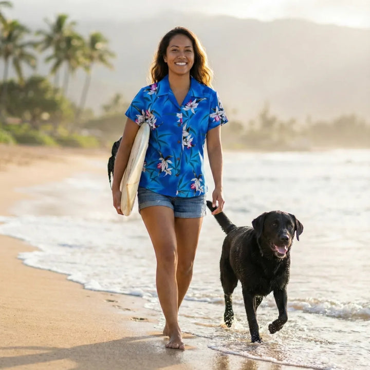 Poipu Blue Women’s Hawaiian Rayon Shirt - Made in Hawaii