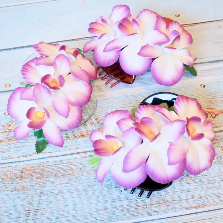 Purple Happy Orchid Hawaiian Flower Hair Clamp - Made in Hawaii