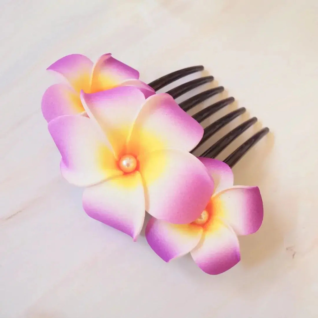 Purple Pearls & Plumeria Hair Comb - Made in Hawaii