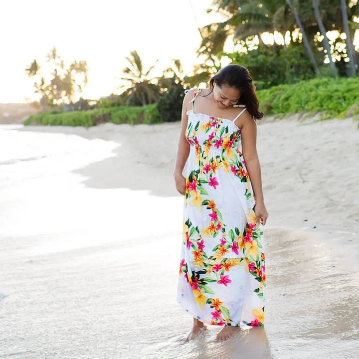 Rain White Maxi Hawaiian Dress – Authentic Hawaiian Long Dresses by Lavahut