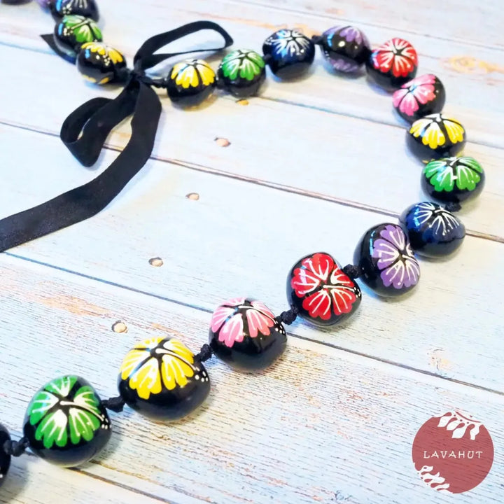 Rainbow Hibiscus Black Kukui Nut Hawaiian Lei - Made in Hawaii