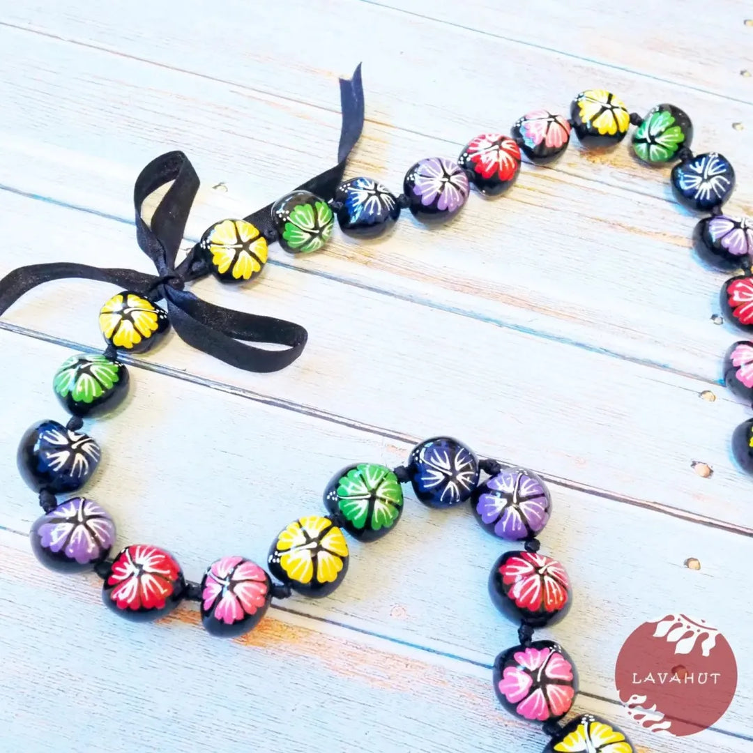 Rainbow Hibiscus Black Kukui Nut Hawaiian Lei - Made in Hawaii