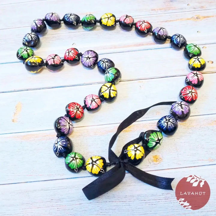 Rainbow Hibiscus Black Kukui Nut Hawaiian Lei - Made in Hawaii