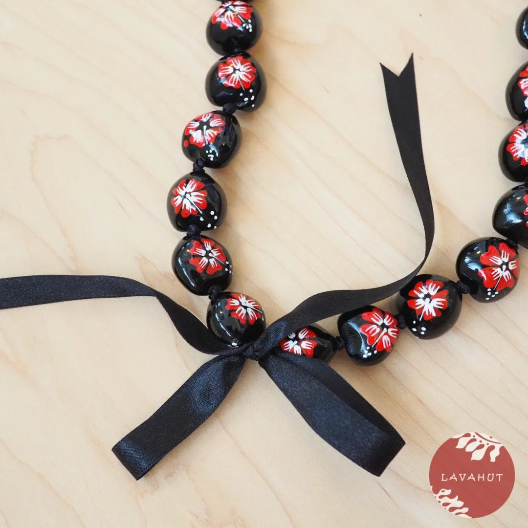 Red Hibiscus Black Kukui Nut Hawaiian Lei - Made in Hawaii