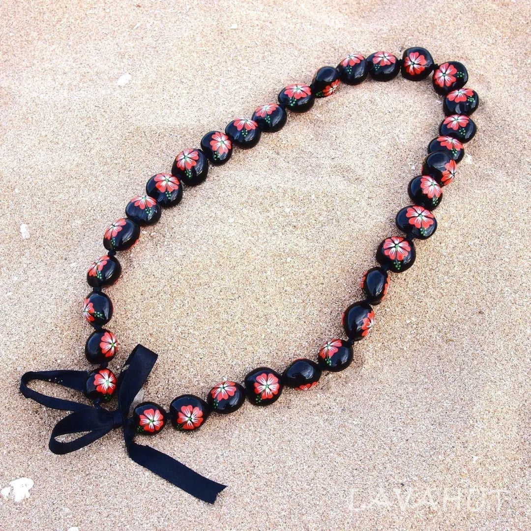 Red Hibiscus Black Kukui Nut Hawaiian Lei - Made in Hawaii