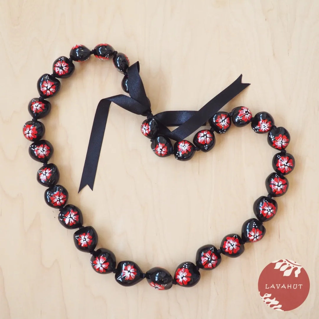 Red Hibiscus Black Kukui Nut Hawaiian Lei - Made in Hawaii