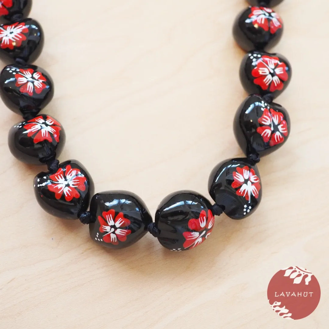 Red Hibiscus Black Kukui Nut Hawaiian Lei - Made in Hawaii