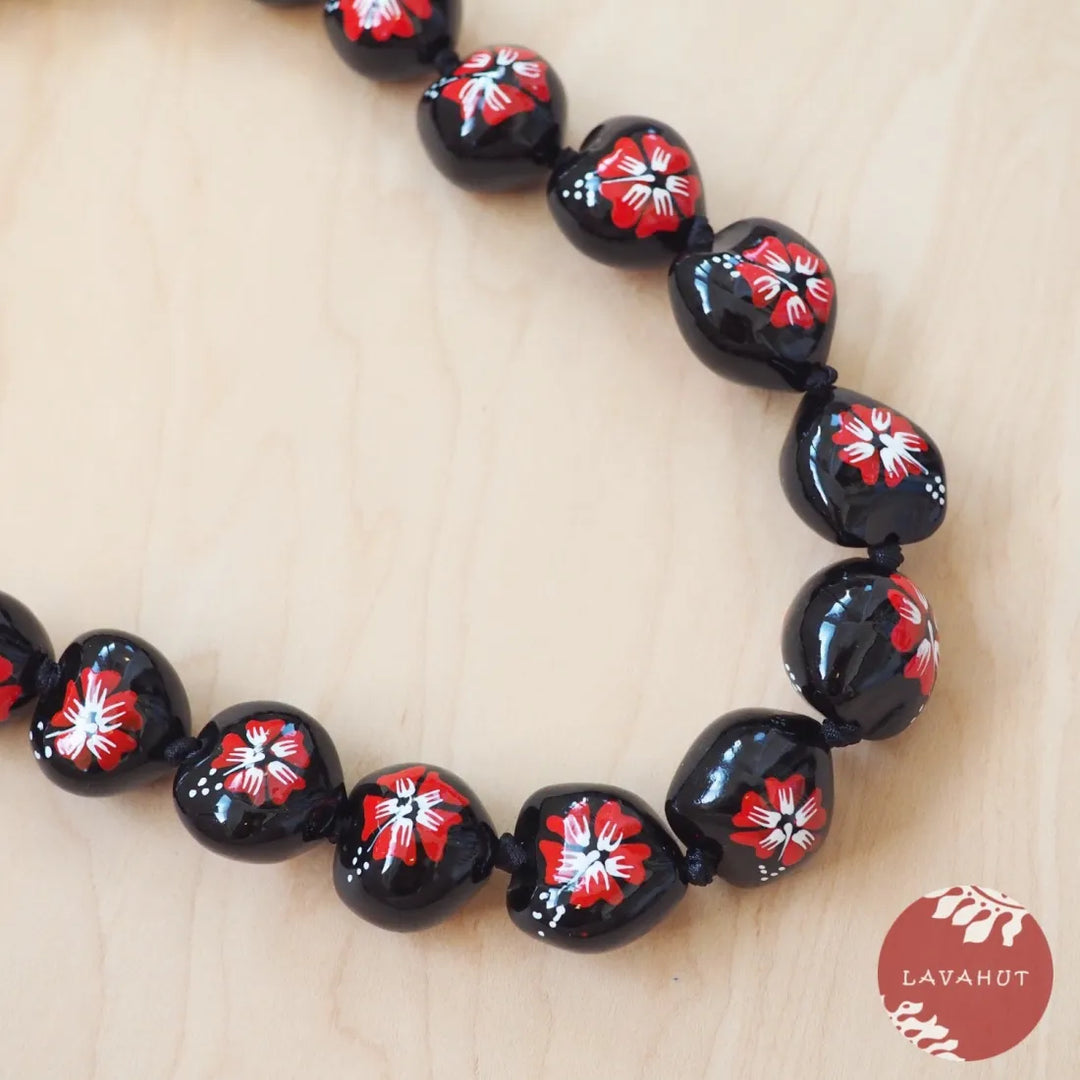 Red Hibiscus Black Kukui Nut Hawaiian Lei - Made in Hawaii