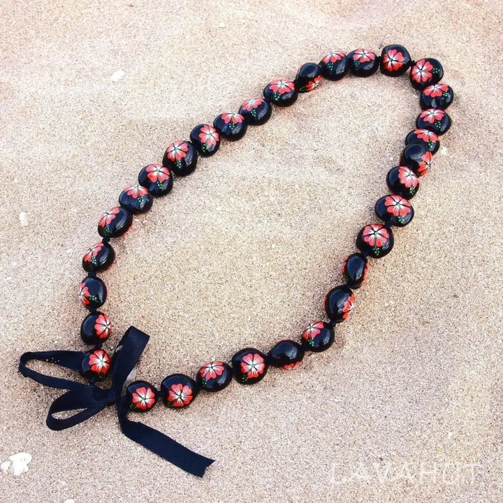 Red Hibiscus Black Kukui Nut Hawaiian Lei - Made in Hawaii