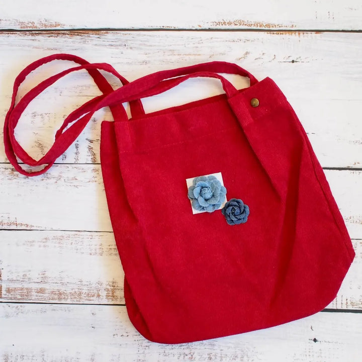 Red Maile Denim Floral Corduroy Tote Bag - Made in Hawaii