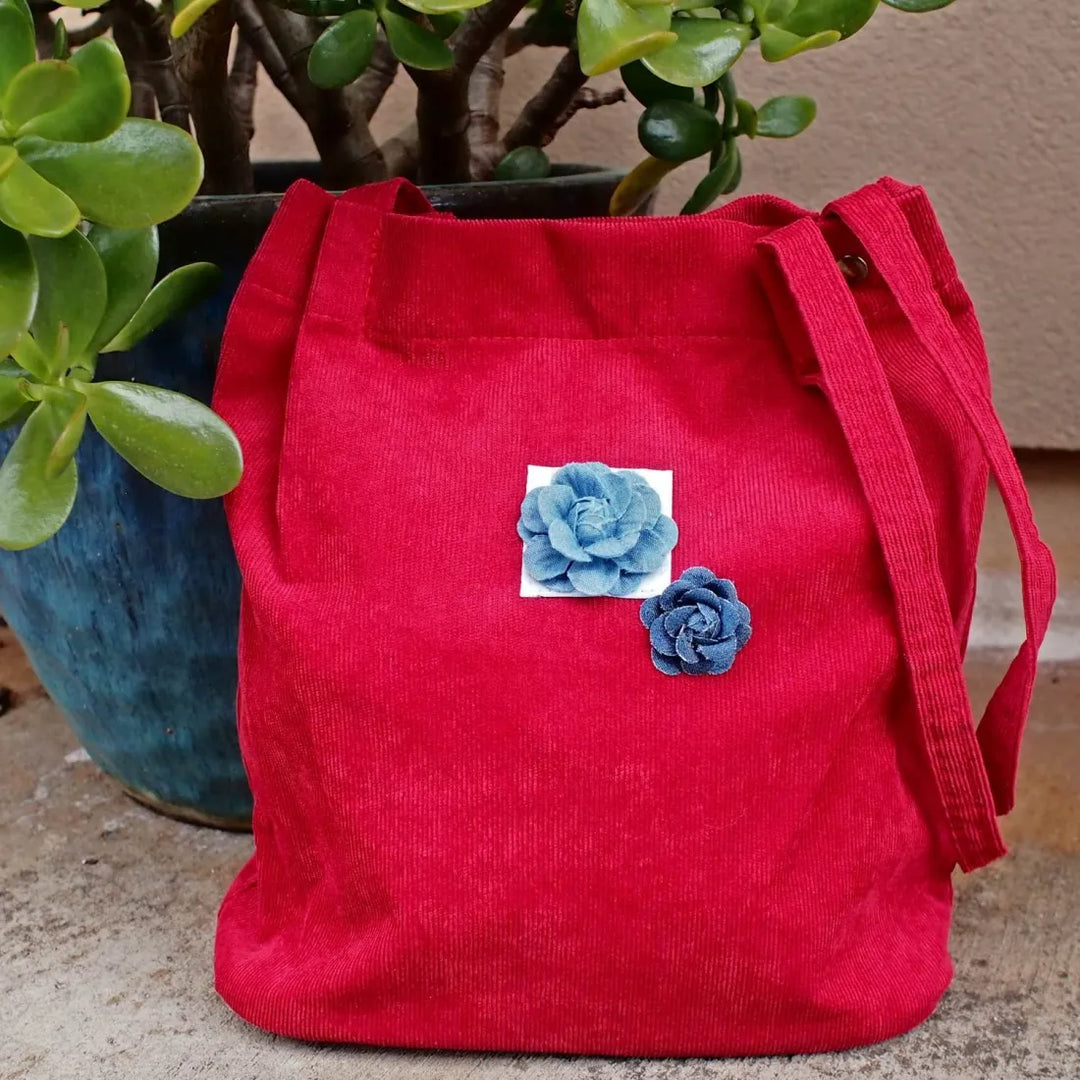 Red Maile Denim Floral Corduroy Tote Bag - Made in Hawaii