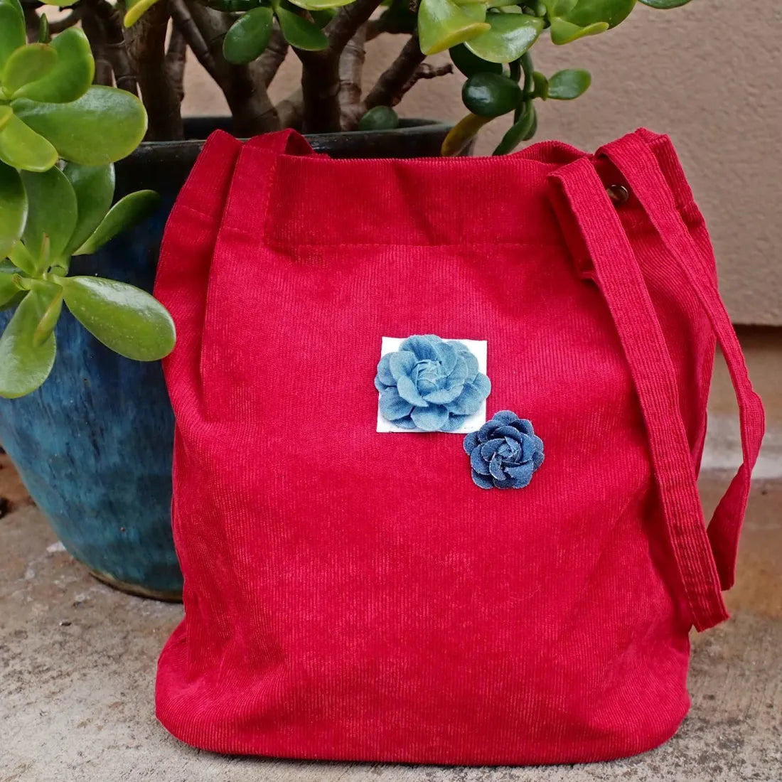 Red Maile Denim Floral Corduroy Tote Bag - Made In Hawaii