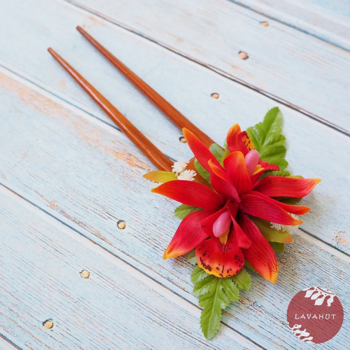 Red Orchid Hair Bun Stick - Made in Hawaii