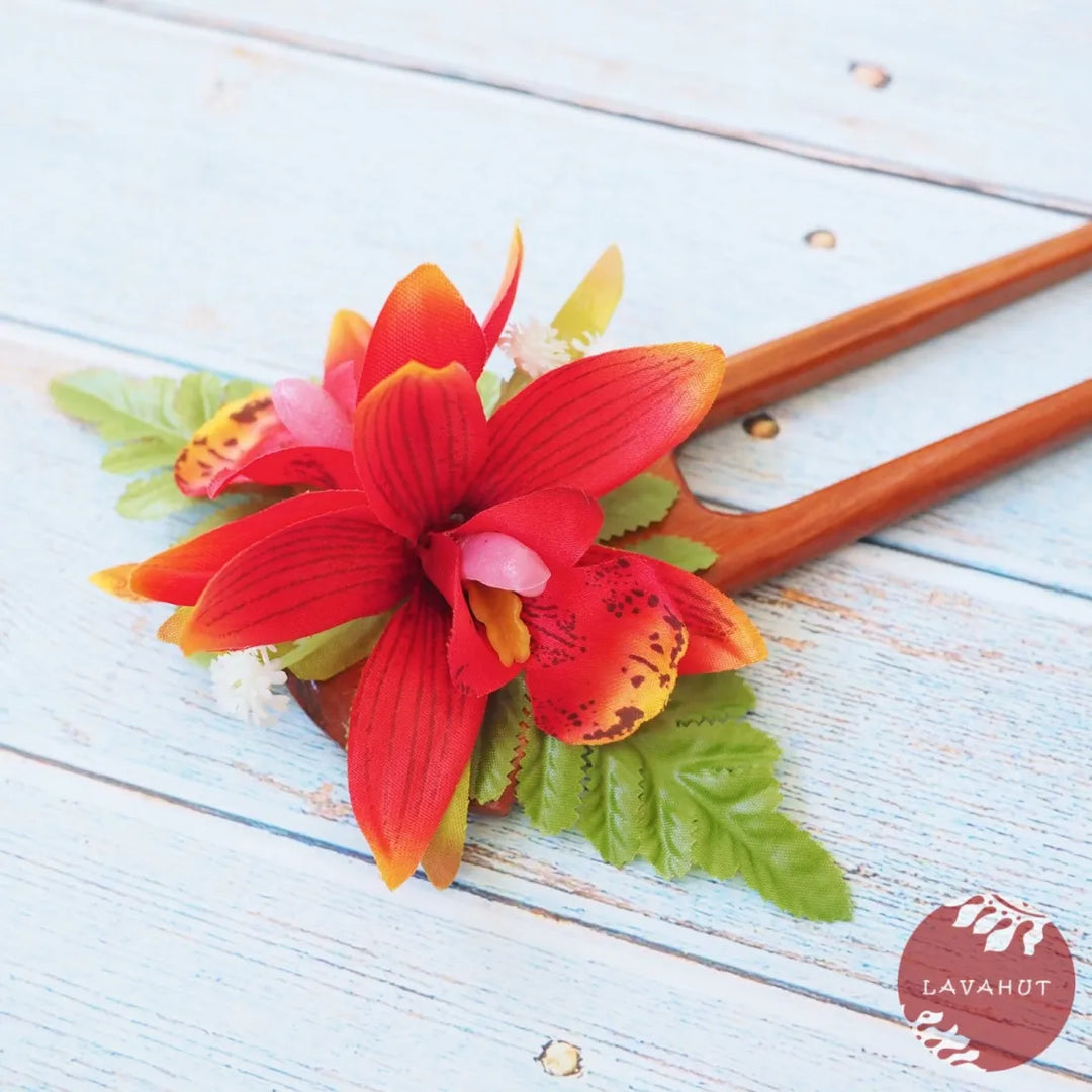 Red Orchid Hair Bun Stick - Made in Hawaii