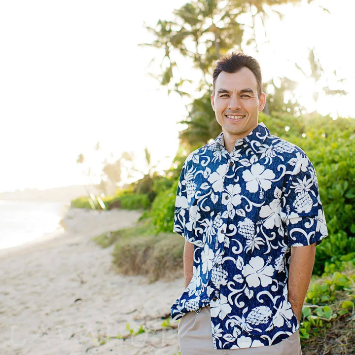 Royal Pineapple Navy Hawaiian Reverse Shirt - Made in Hawaii